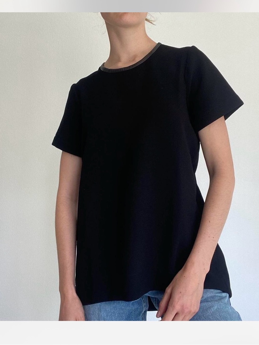 Madewell fancy black crepe faux leather neck shirt
